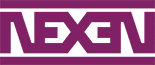 A purple and white logo for exc.