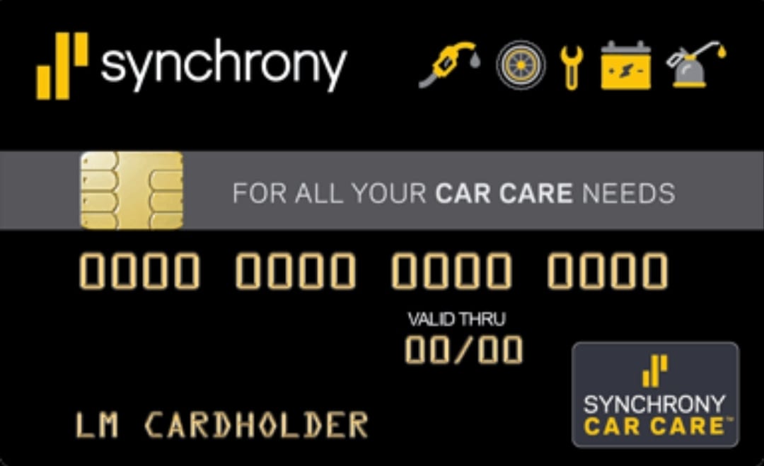 A credit card with the words synchrony for all your car care needs.